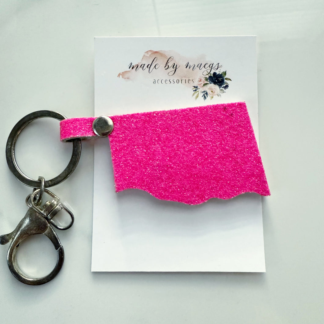 Keychain - Oklahoma - Neon Pink Glitter Leather