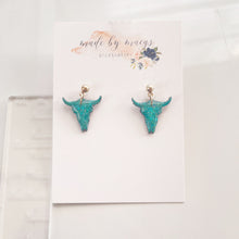 Load image into Gallery viewer, Clay - Glitter Teal - Steer Heads Dangles
