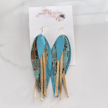 Load image into Gallery viewer, Leather - Turquoise and Gold - Fringe Feathers
