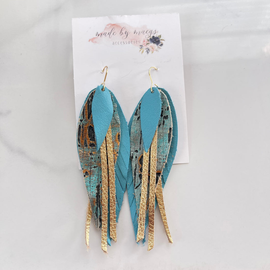 Leather - Turquoise and Gold - Fringe Feathers