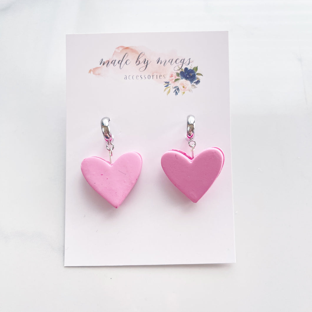 Clay - Light Pink Heart Macarons - Hoop Dangles