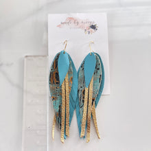 Load image into Gallery viewer, Leather - Turquoise and Gold - Fringe Feathers
