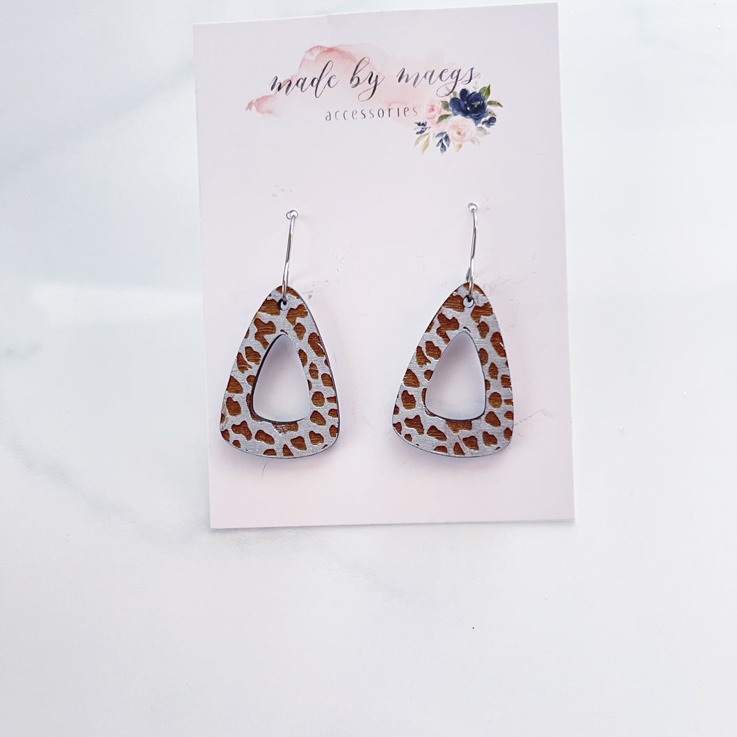 Wooden - Silver Leopard Triangles - Dangles