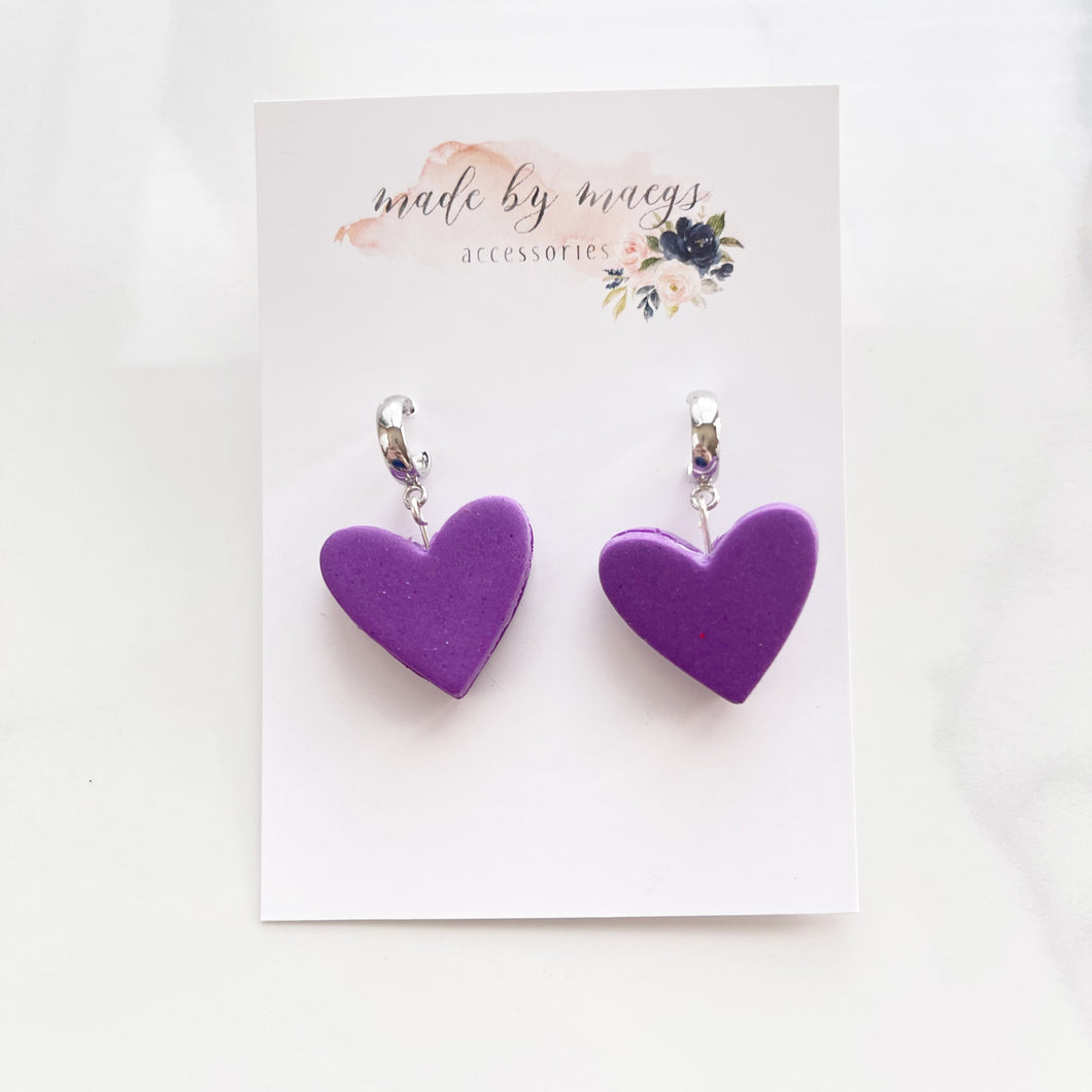 Clay - Purple Heart Macarons - Hoop Dangles