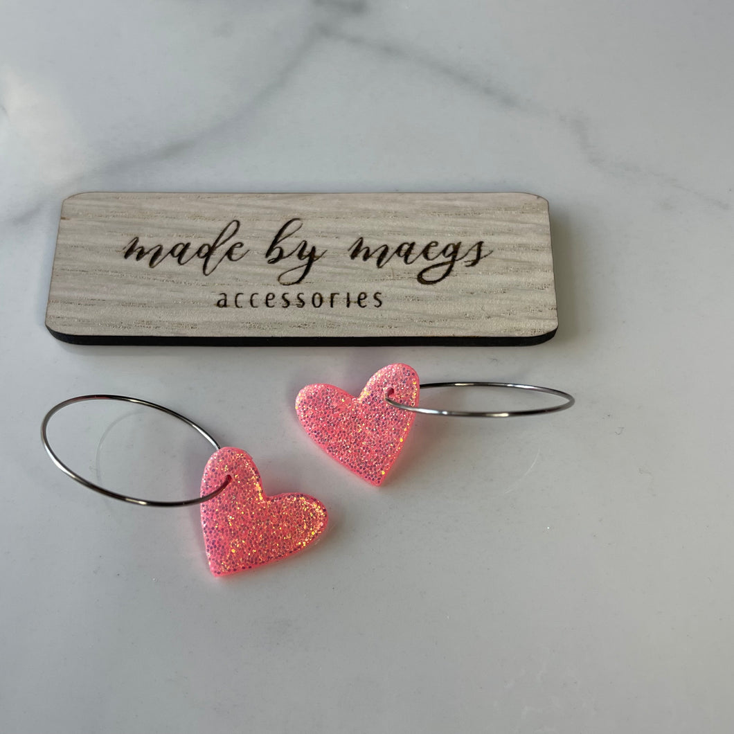 Valentine’s Collection - Translucent Pink Glitter Heart Hoops