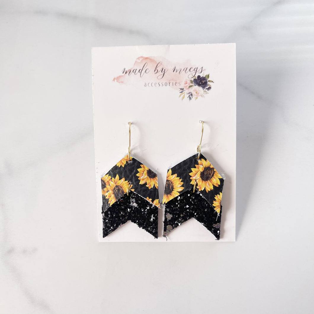 Leather - Sunflowers & Black Glitter - Double Arrow Dangles