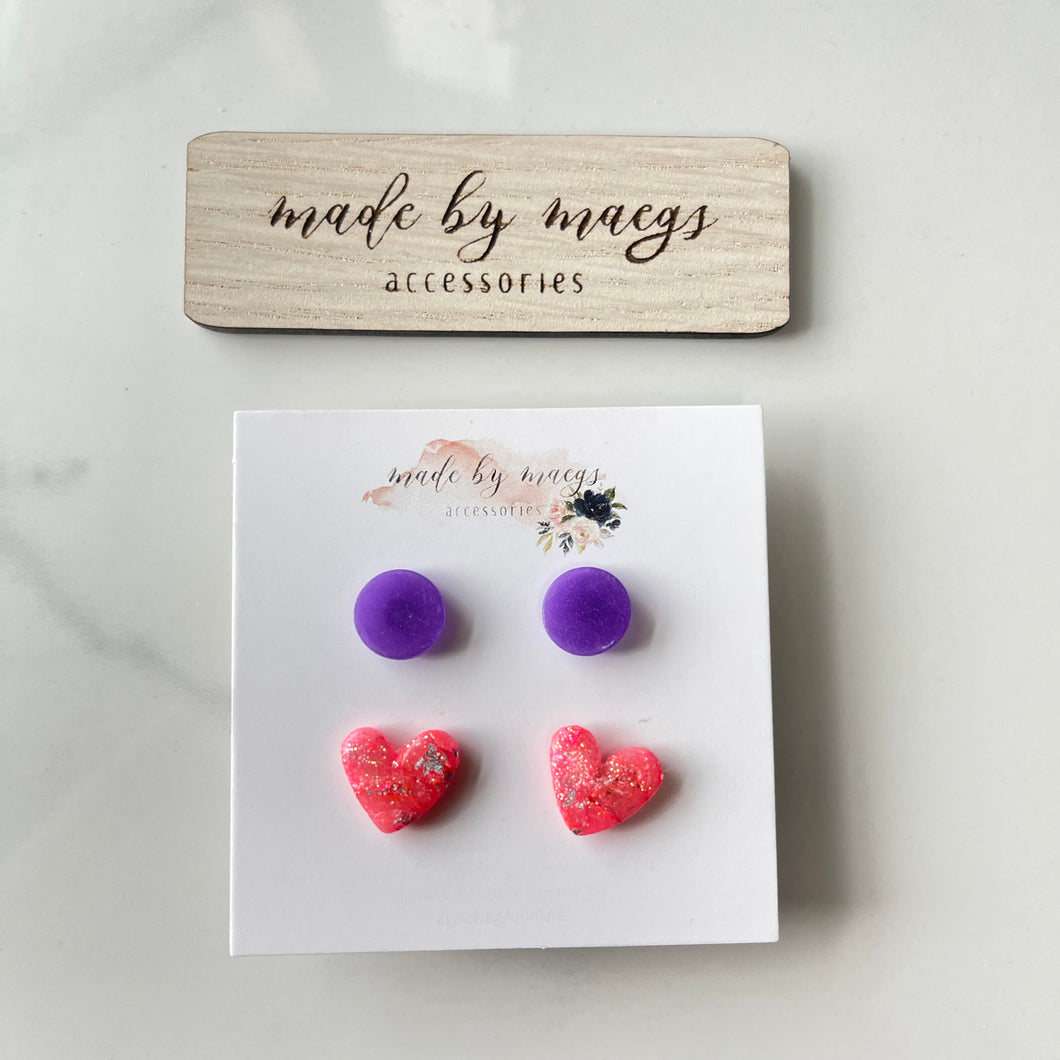 Valentine’s Collection - Double Stud Pack - Purple / pink heart