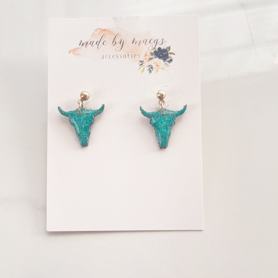 Clay - Glitter Teal - Steer Heads Dangles