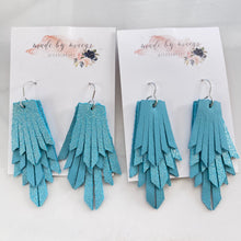 Load image into Gallery viewer, Leather - Turquoise and Shimmer Triple Layer Fringe - Mini-Mega Dangles
