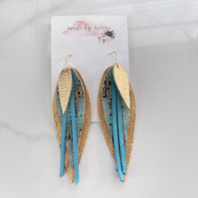 Load image into Gallery viewer, Leather - Gold and Turquoise - Fringe Feathers
