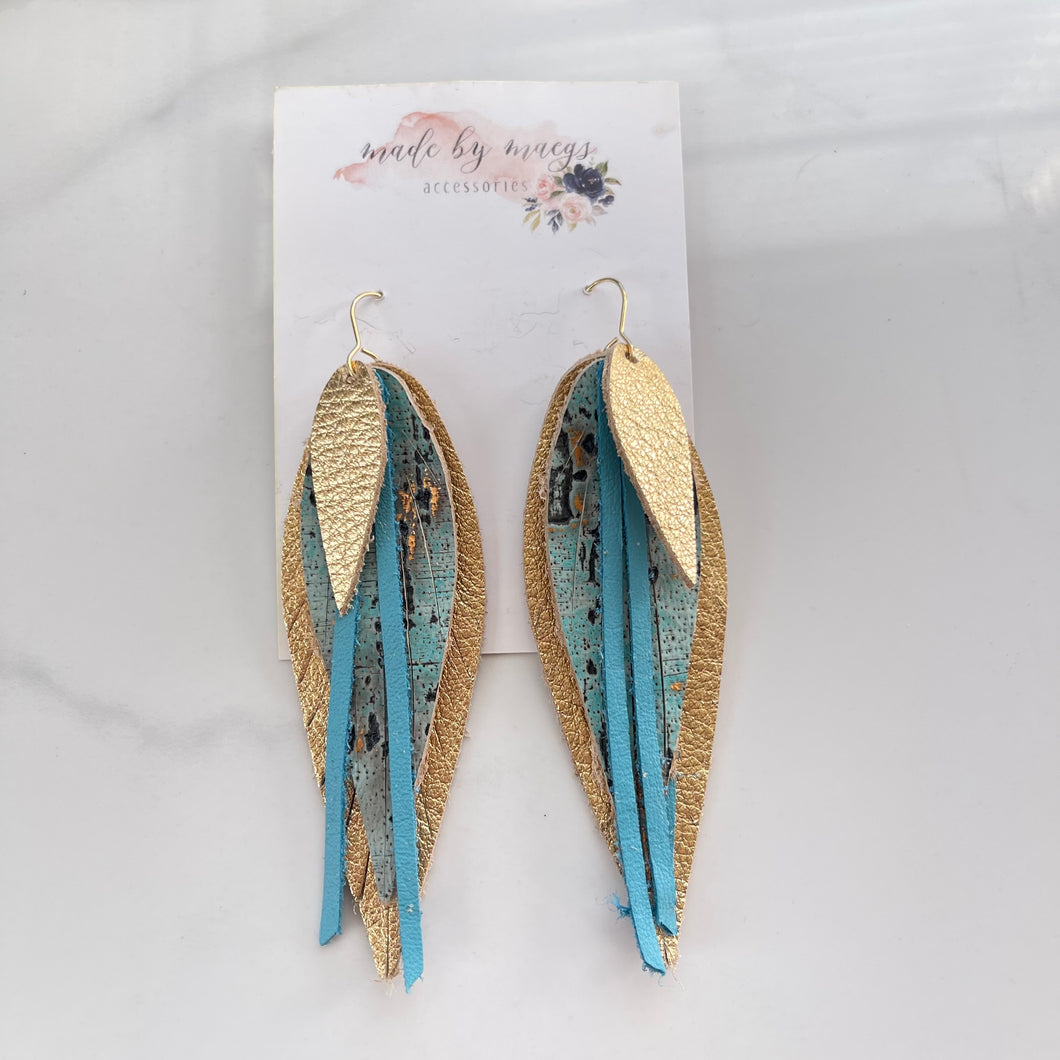 Leather - Gold and Turquoise - Fringe Feathers