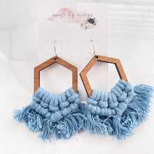 Load image into Gallery viewer, Macrame - Stormy Sky Blue Hexagon Dangles
