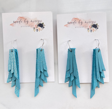 Load image into Gallery viewer, Leather - Turquoise and Shimmer Triple Layer Fringe - Mini-Large Dangles
