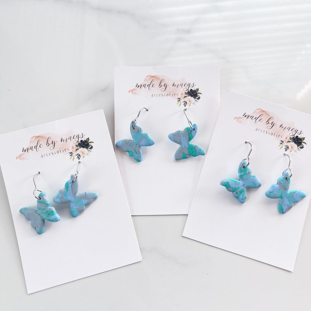 Clay - Light Blue, Mint, & Grey Butterfly - Dangles