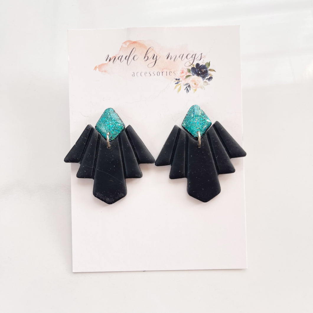 Clay - Glitter Teal & Black -  Fancy Dangles