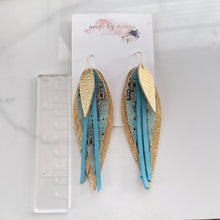 Load image into Gallery viewer, Leather - Gold and Turquoise - Fringe Feathers
