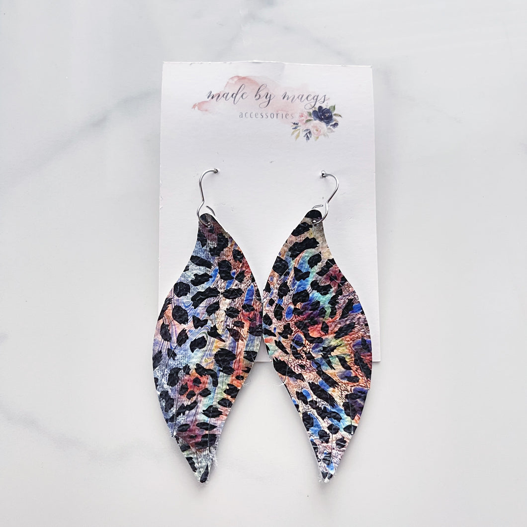 Leather - Multicolor Leopard Feathers - Dangles