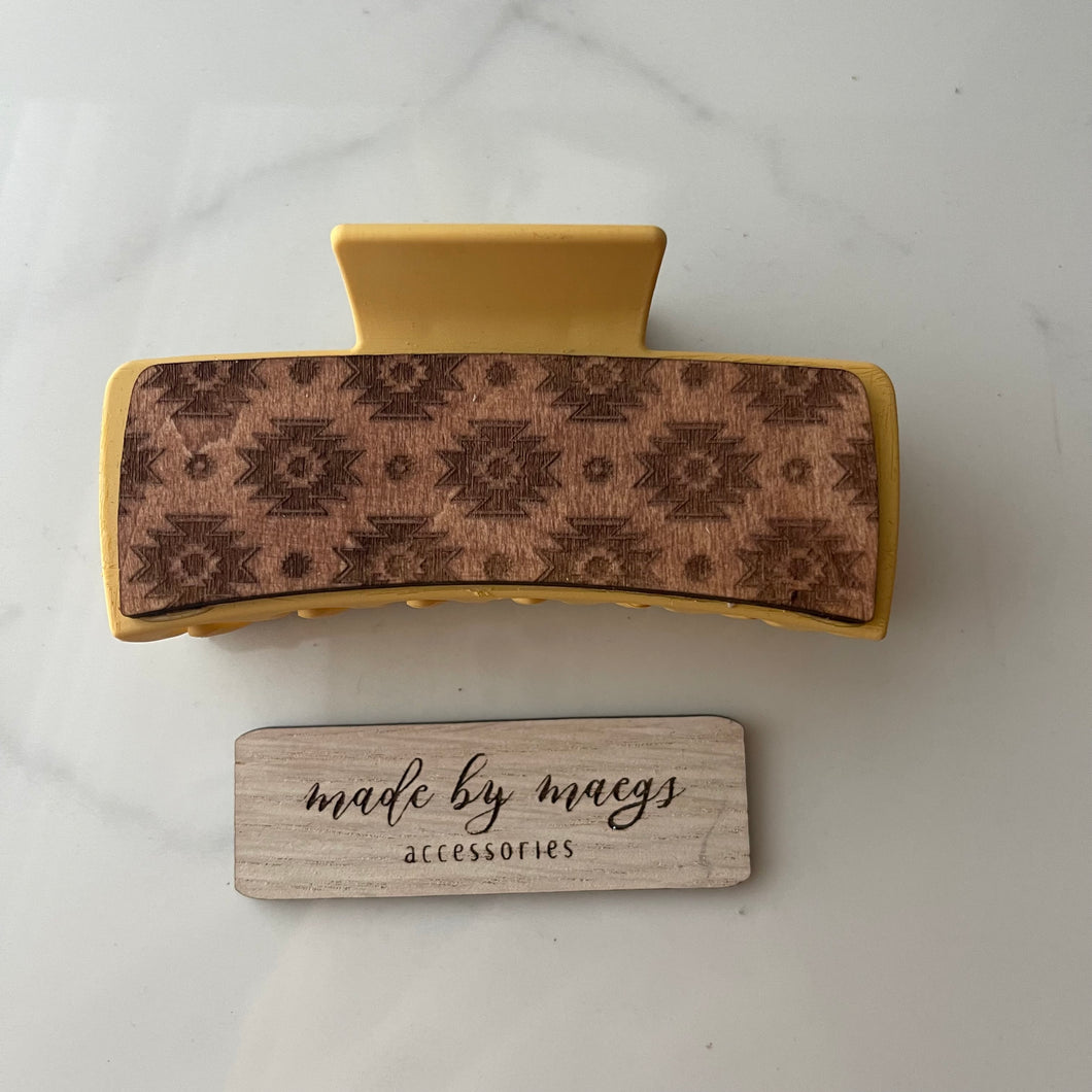 4” Claw Clip - Mustard Yellow Clip with Western Symbol Wooden Cover