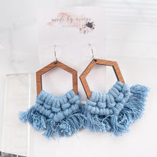 Load image into Gallery viewer, Macrame - Stormy Sky Blue Hexagon Dangles
