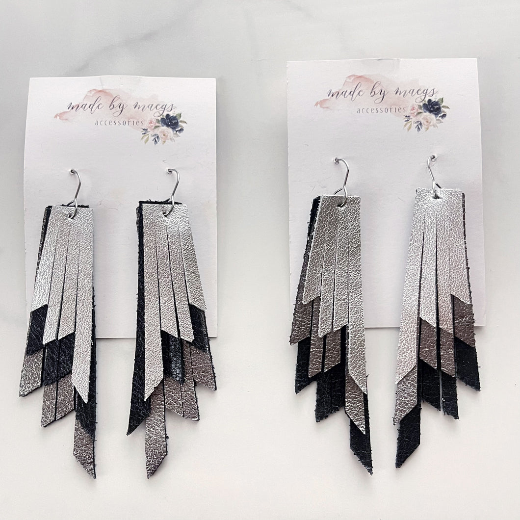 Leather - Grey Scale Triple Layer Fringe - Large Dangles