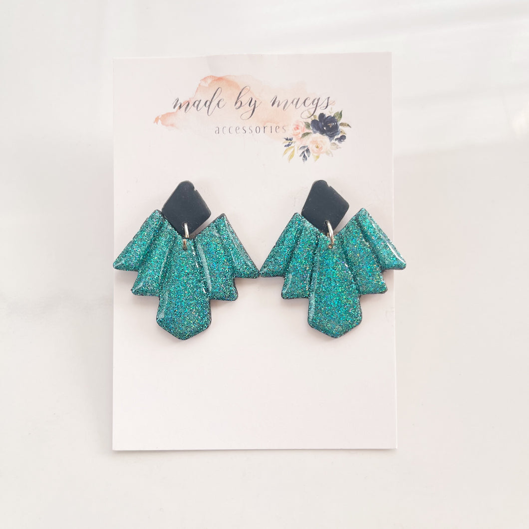 Clay - Black & Glitter Teal -  Fancy Dangles