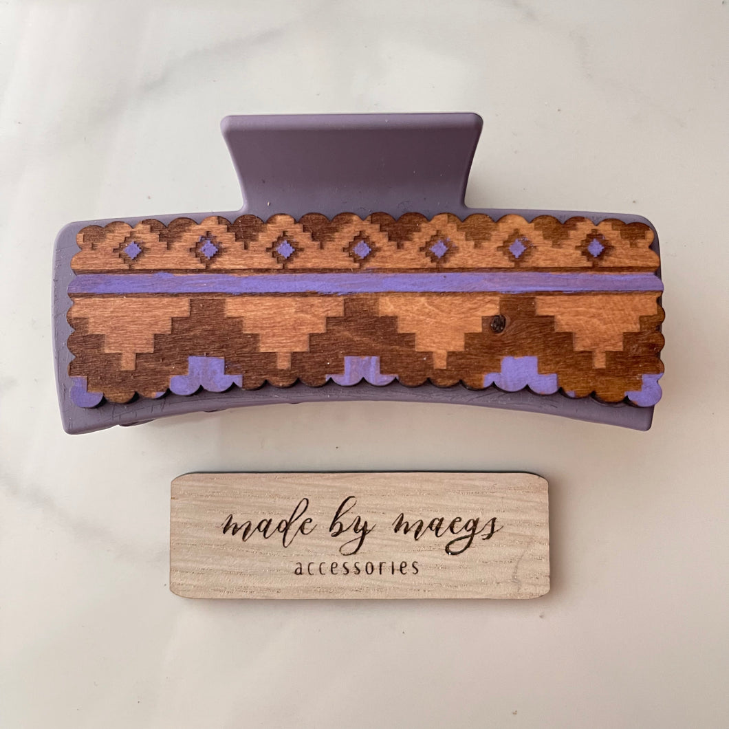 4” Claw Clip - Dusty Purple Clip with Western Style Wooden Cover