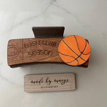 Load image into Gallery viewer, 4” Claw Clip - Various Color Clips with Basketball Season Wooden Cover
