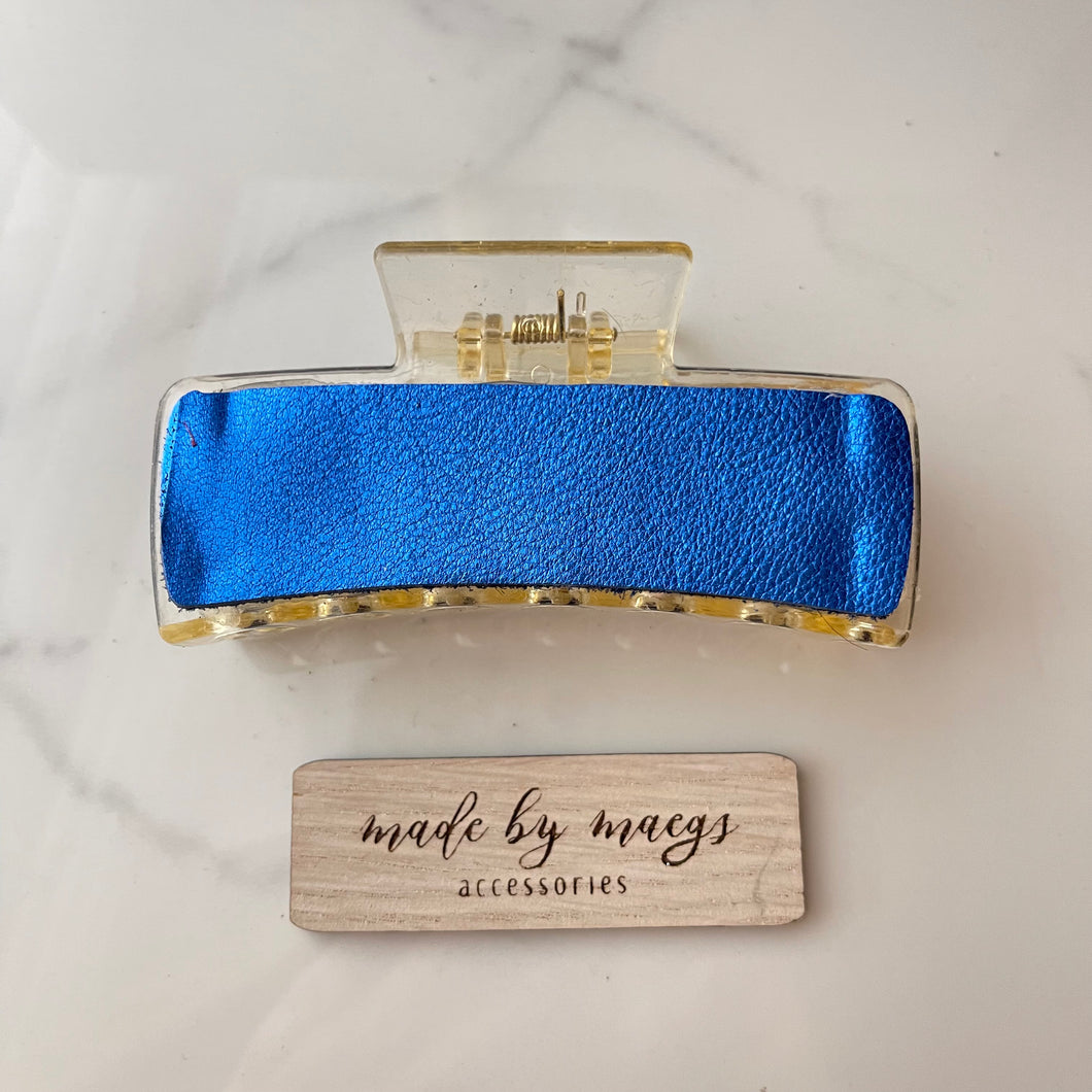 4” Claw Clip - Transparent Gold Clip with Royal Blue Leather Cover