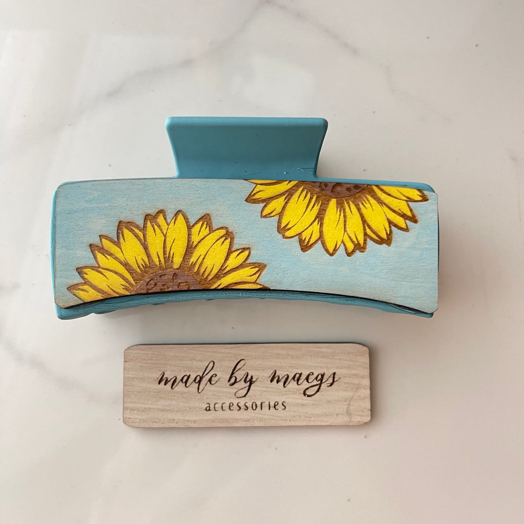 4” Claw Clip - Dusty Blue Clip with Sunflower Wooden Cover