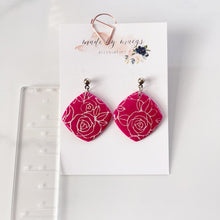 Load image into Gallery viewer, Date Night - Raspberry Rounded Diamond Floral Dangles
