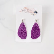 Load image into Gallery viewer, Valentine’s Collection - Embossed Leopard Purple Clay Dangles
