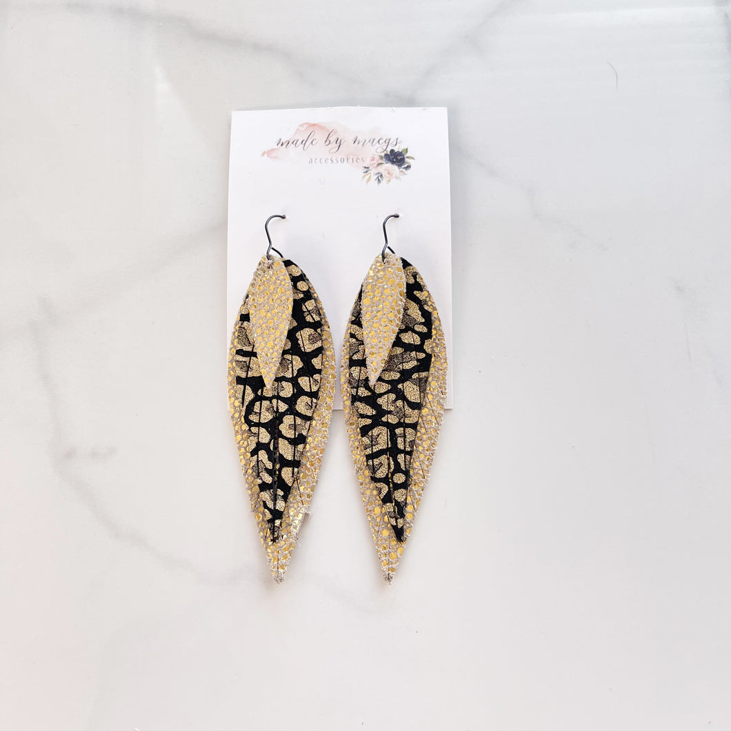 Leather - Golden Stingray Leather & Loepard Print - Fringe Feathers