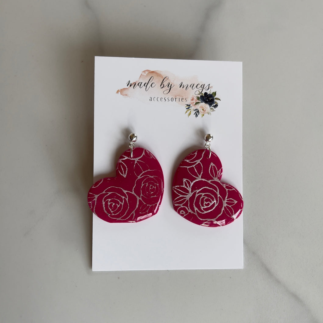 Date Night - Raspberry Heart Floral Dangles