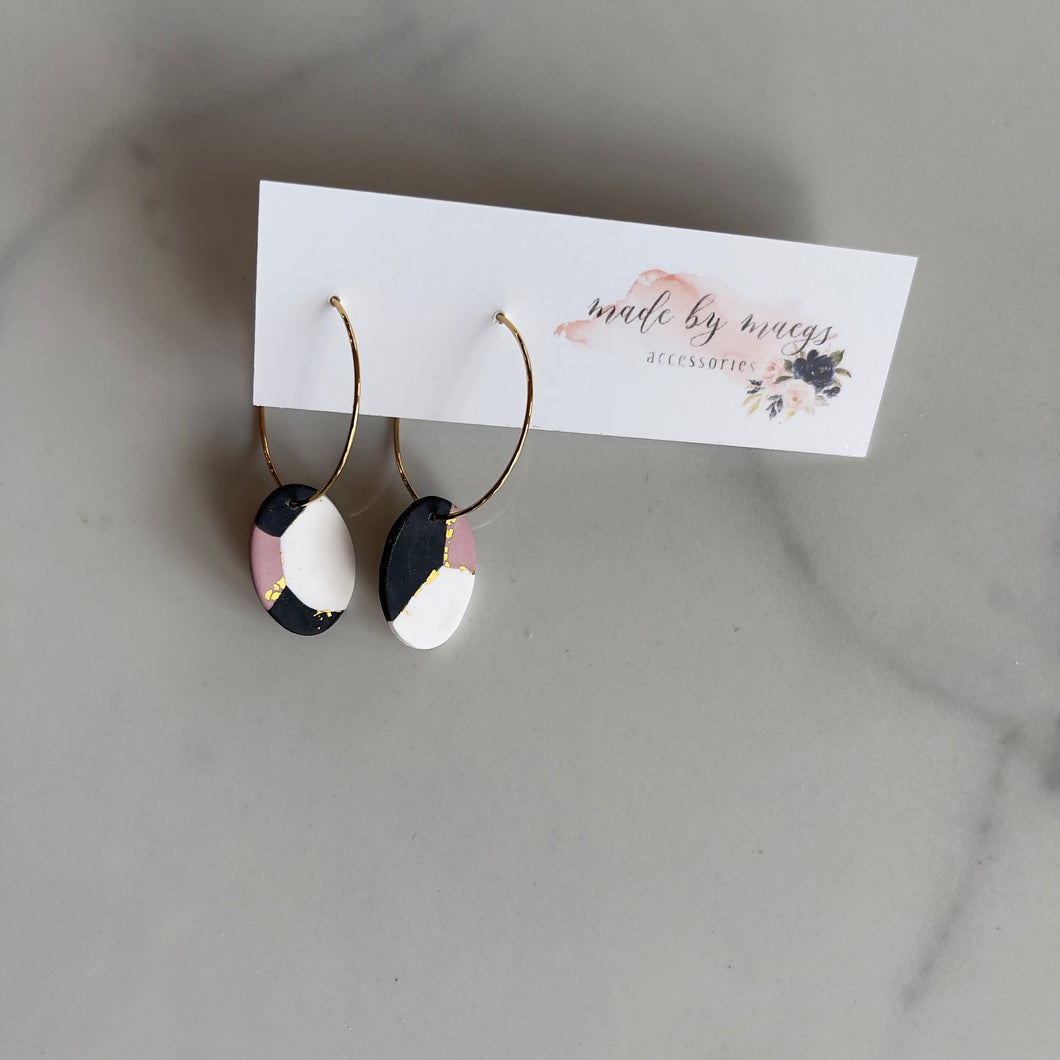 Mauve+Black+White+Gold Oval Hoops