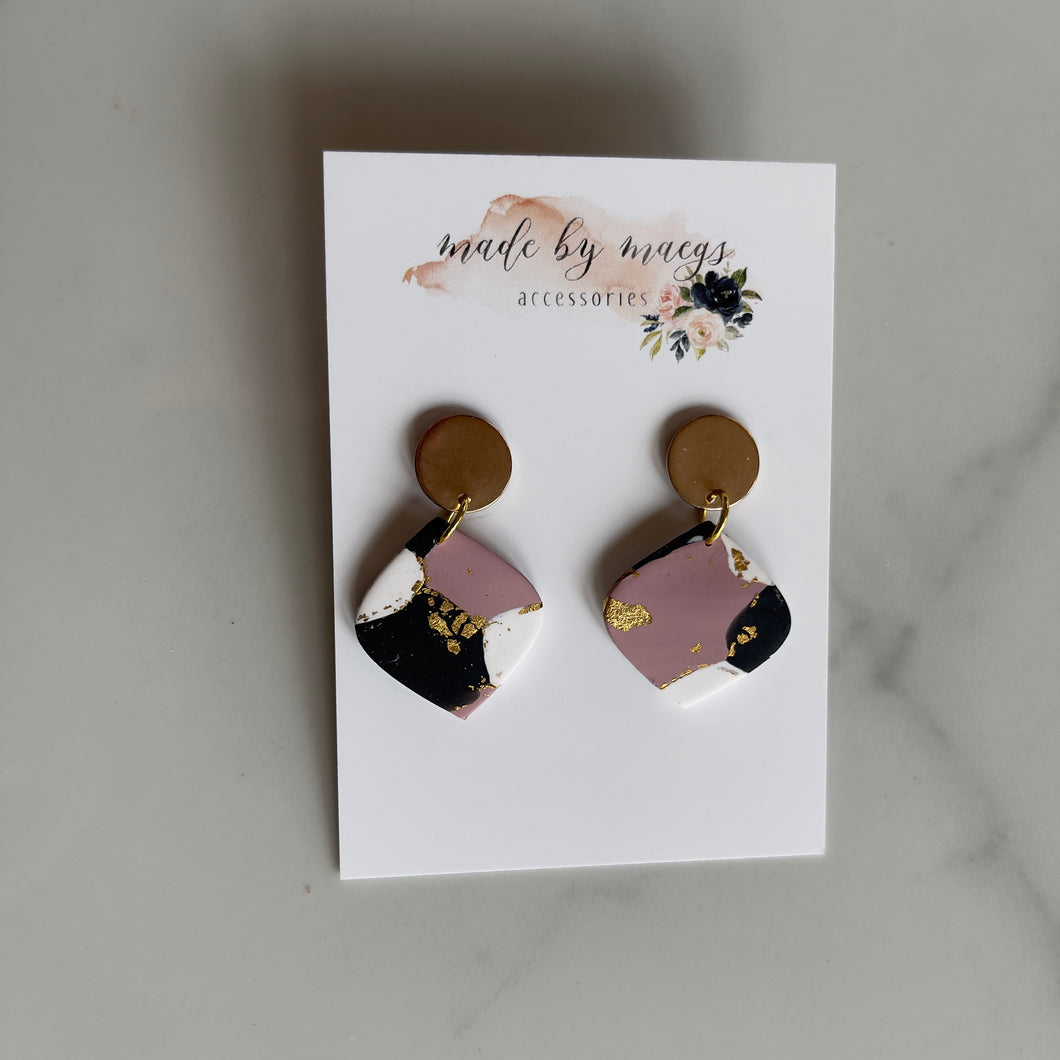 Date Night - Mauve+Black+White+Gold Rounded Diamond Dangles