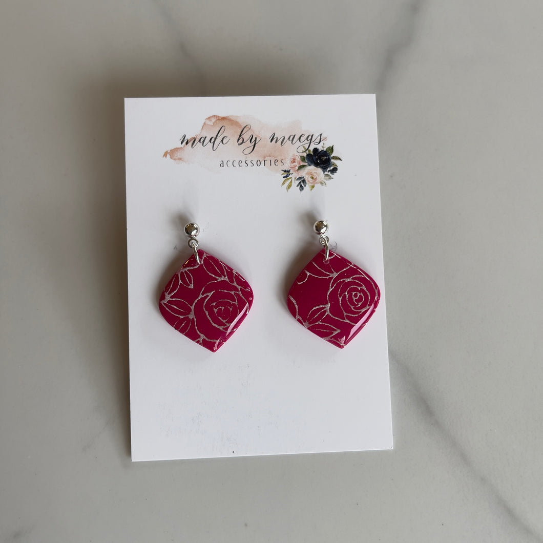 Date Night - Raspberry Rounded Mini Diamond Floral Dangles